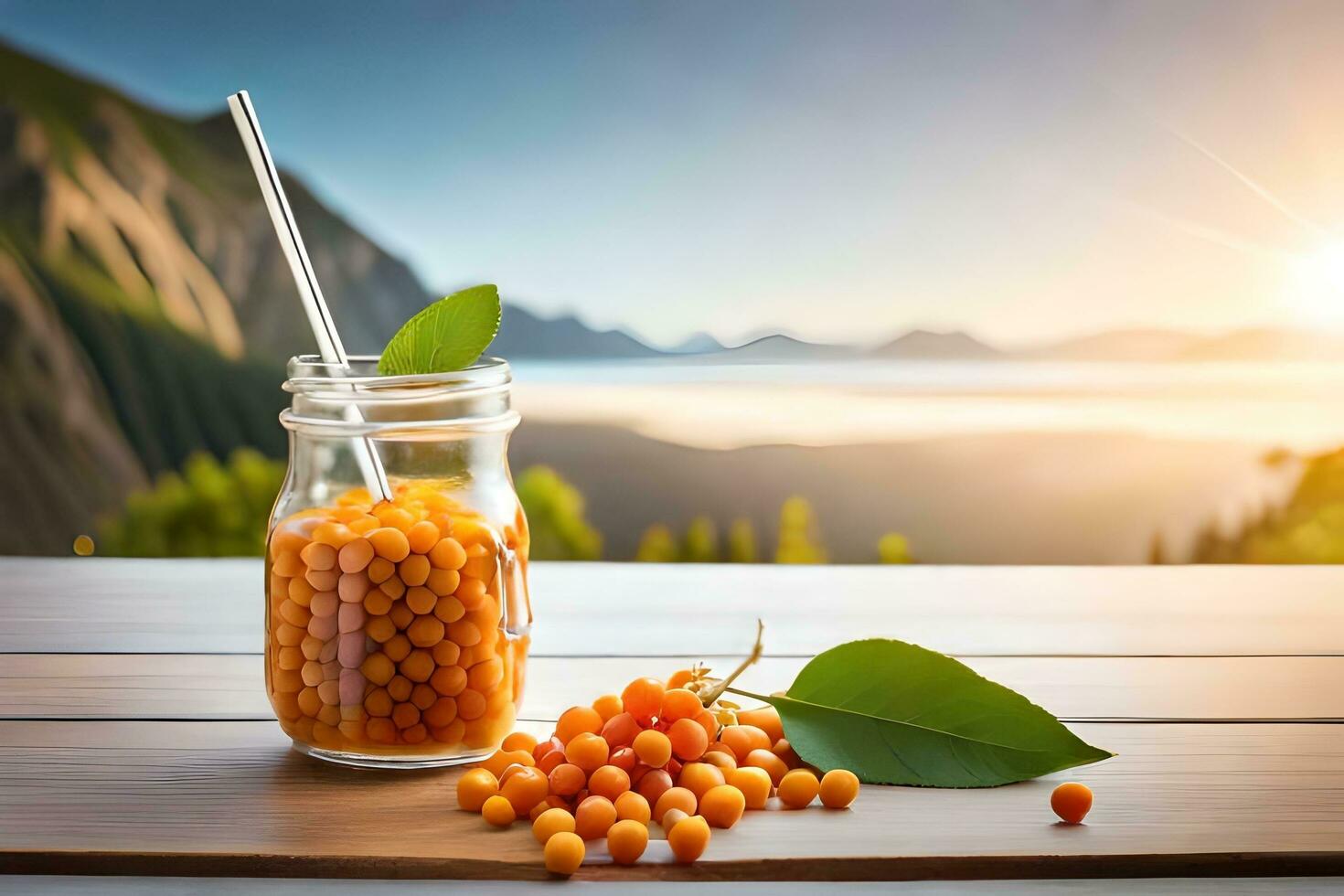 sea buckthorn berries in a glass jar on a wooden table with mountain view. AI-Generated photo