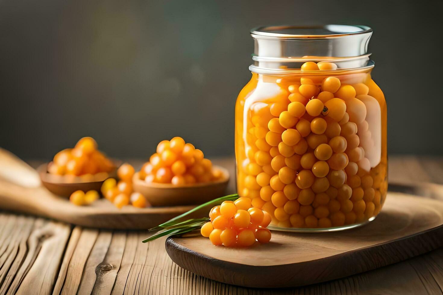 orange currants in a jar on a wooden table. AI-Generated photo