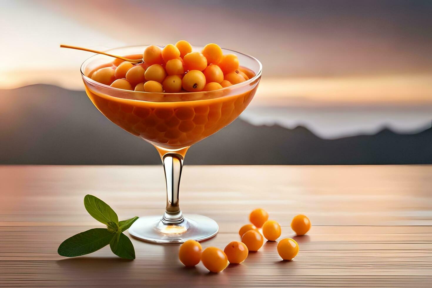 sea buckthorn berries in a glass with sea in the background. AI-Generated photo