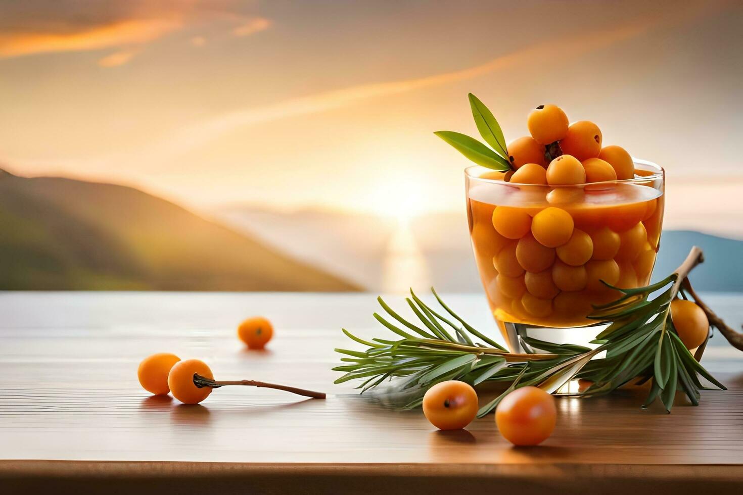 sea buckthorn berries in a glass with sea and mountains in the background. AI-Generated photo