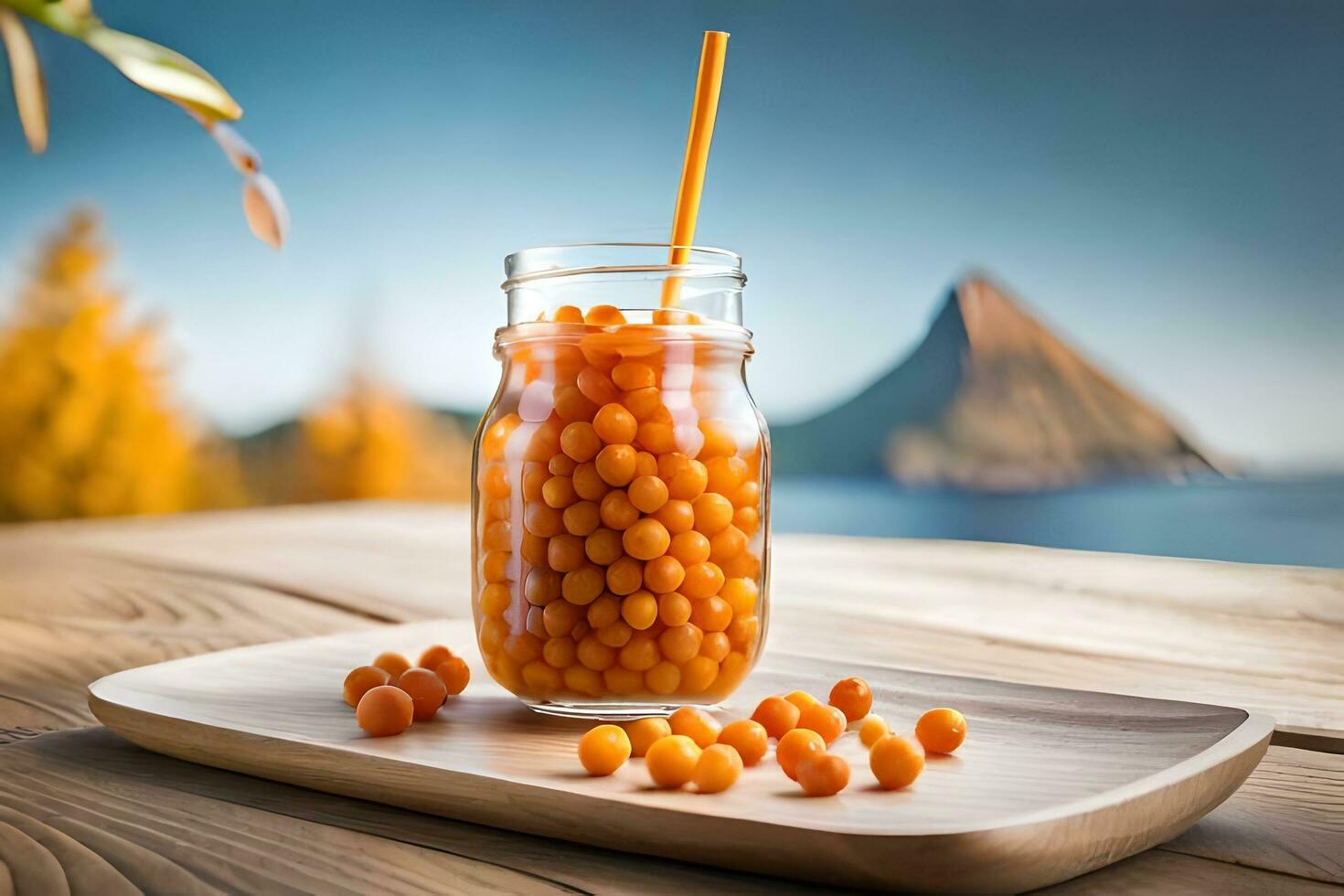orange juice in a jar with a straw on a wooden table. AI-Generated photo