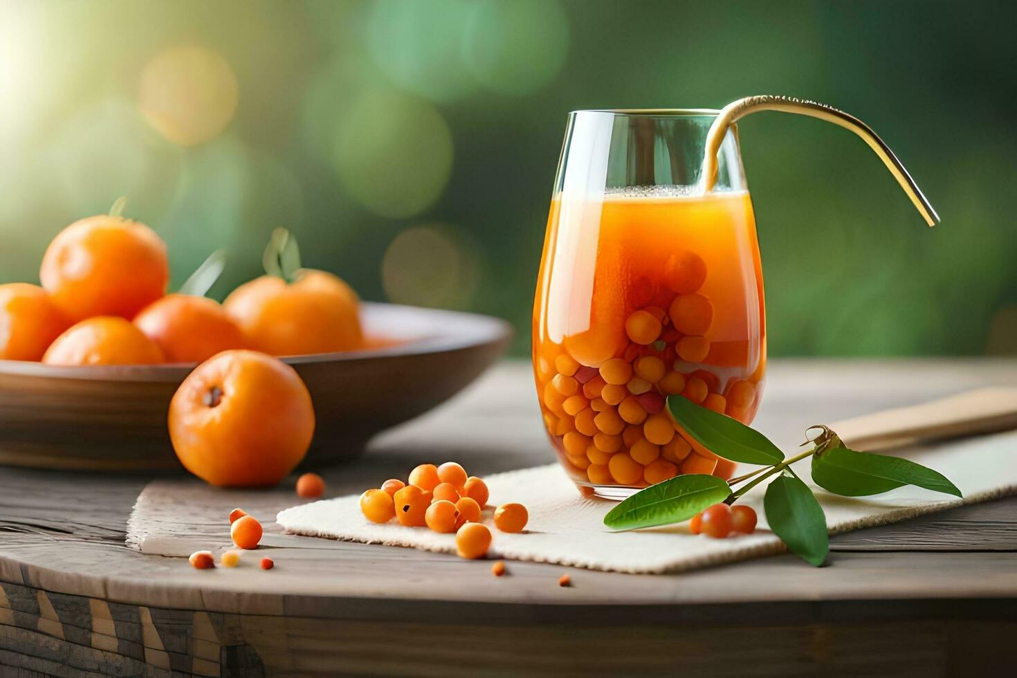 sea buckthorn juice with sea buckthorn berries on wooden table. AI-Generated photo