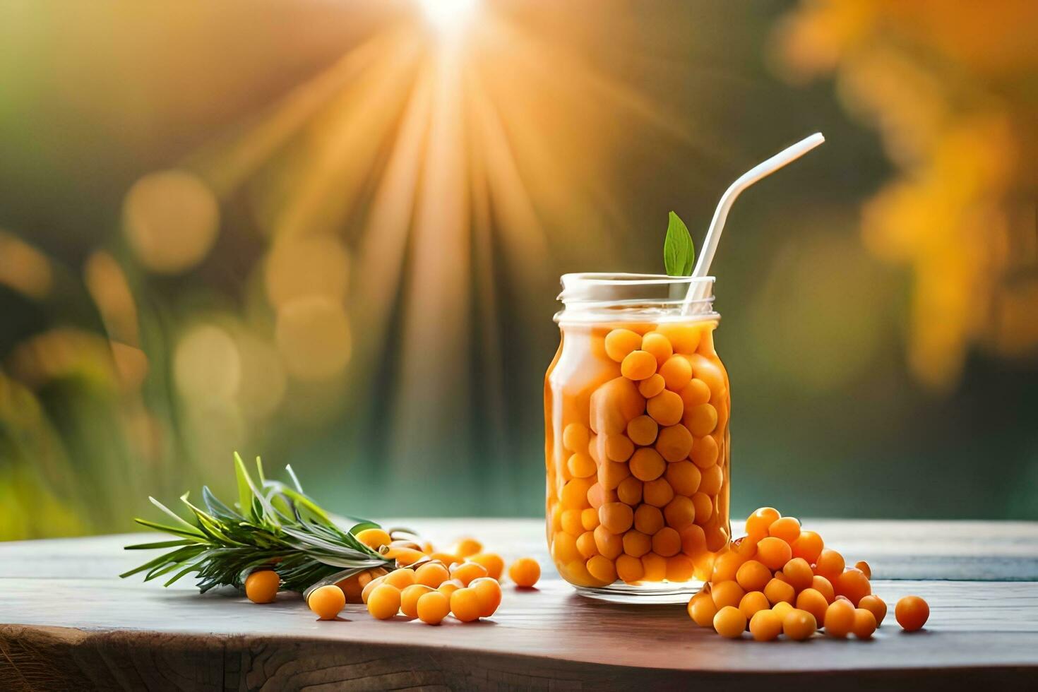 sea buckthorn berries in a jar on a wooden table with sunlight. AI-Generated photo