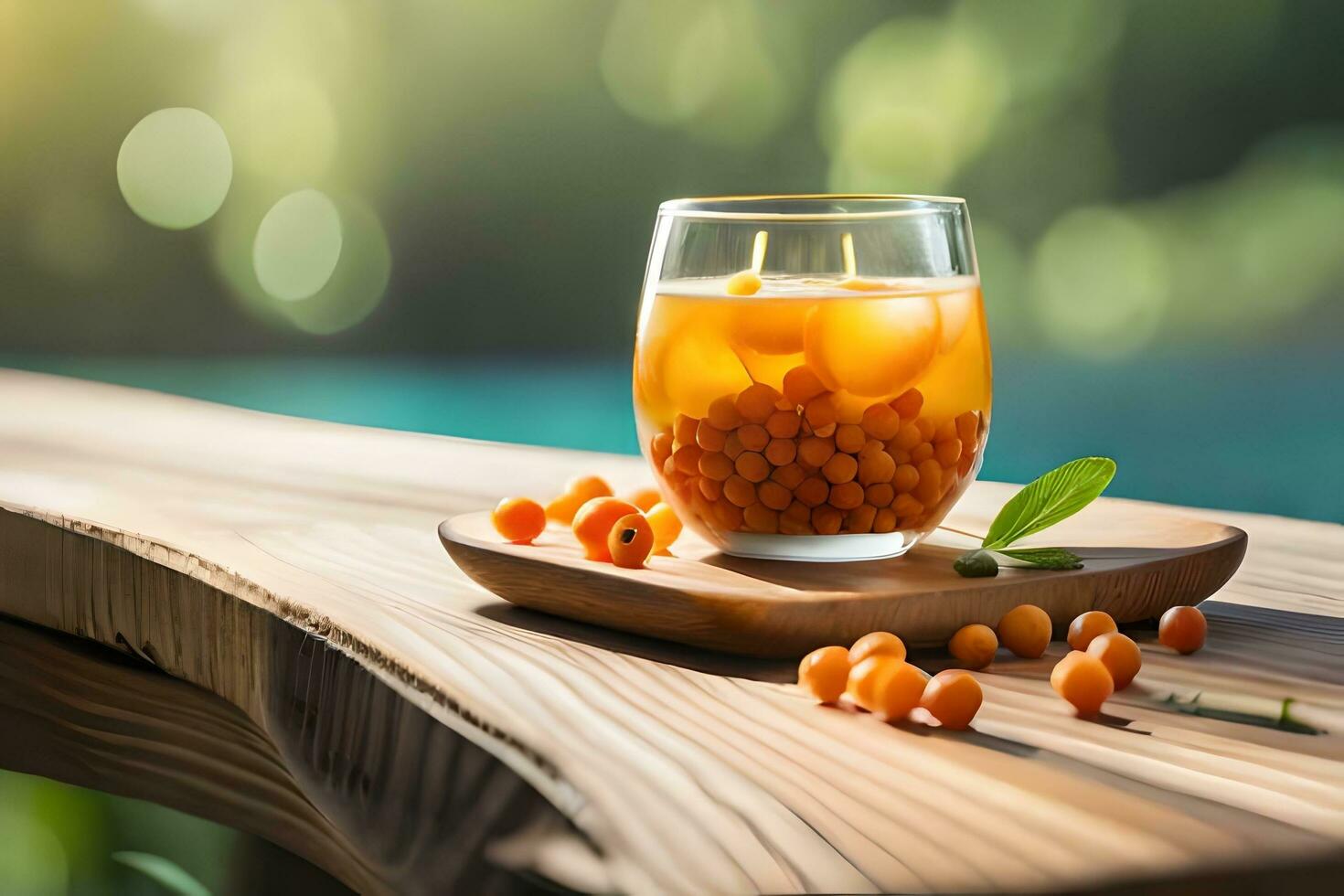 sea buckthorn tea with sea buckthorn berries on wooden table with blurred background. AI-Generated photo