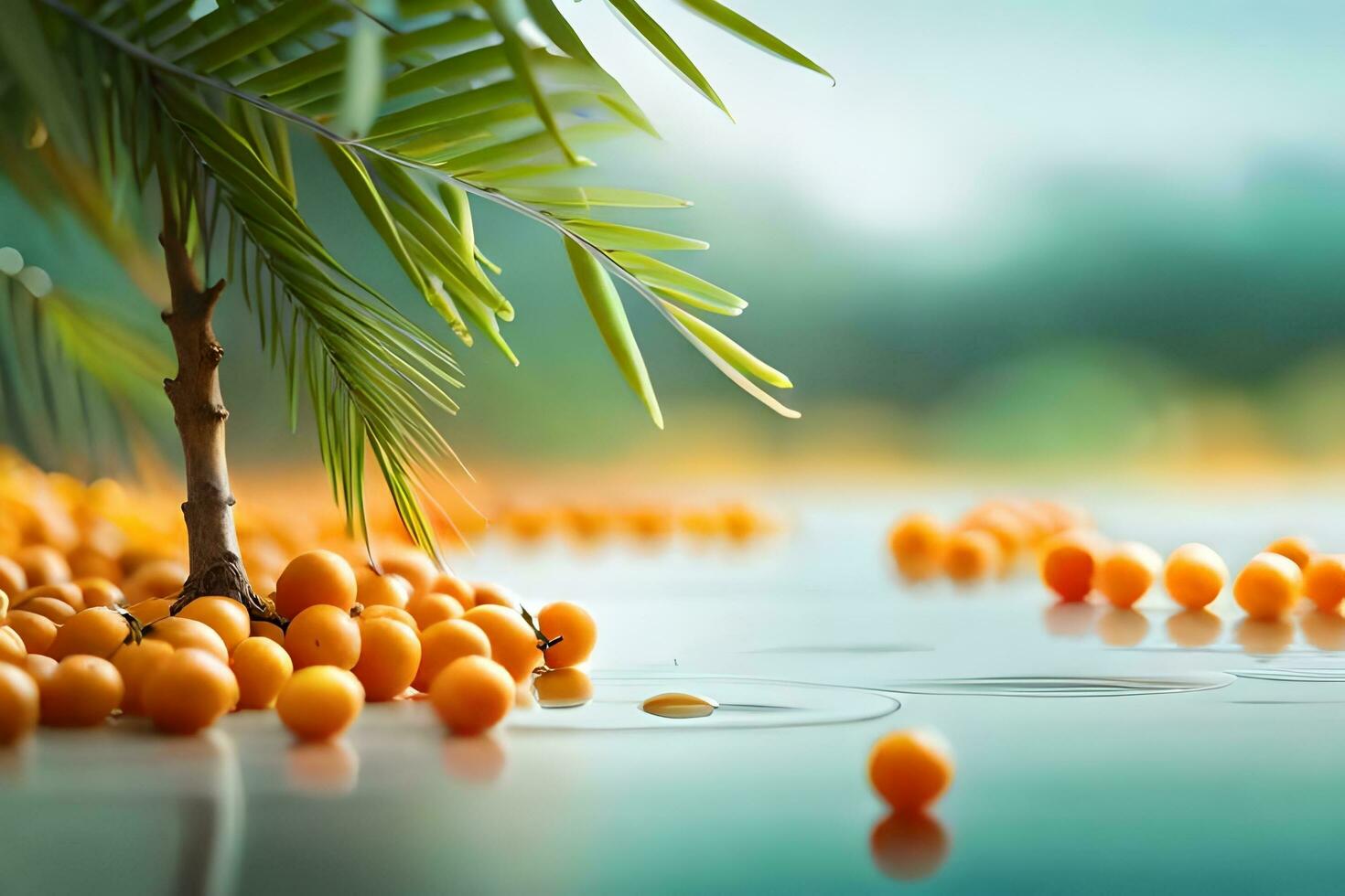 orange fruits on the water with a palm tree. AI-Generated photo