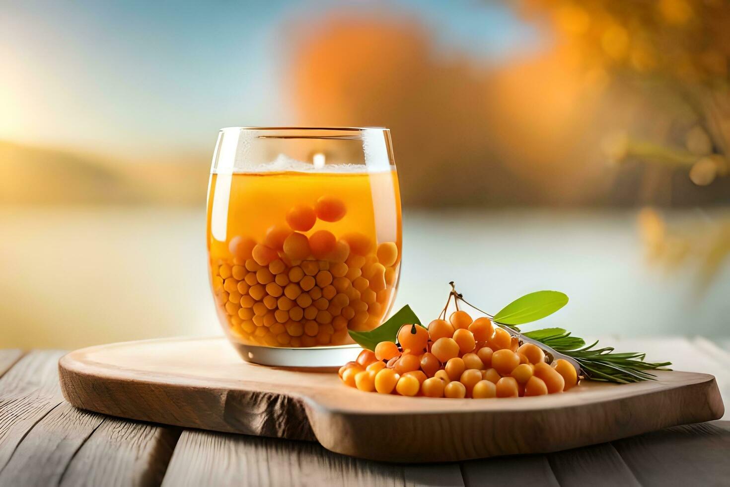 sea buckthorn juice on wooden table with sun in background. AI-Generated photo