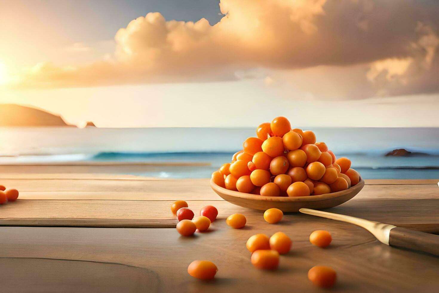 a bowl of orange berries on a table with a wooden table and a wooden spoon. AI-Generated photo