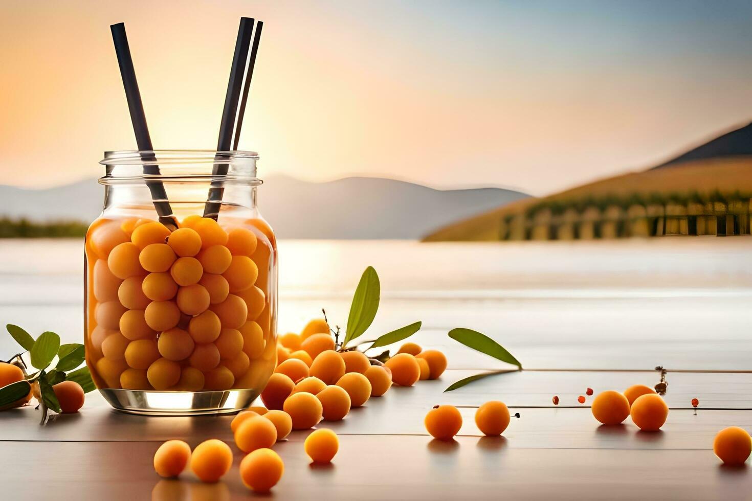 sea buckthorn juice in a glass jar with straws on the table. AI-Generated photo