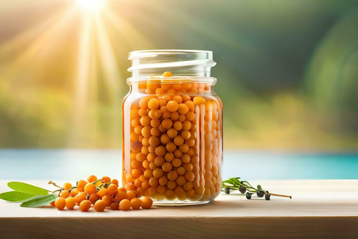 sea buckthorn berries in a jar on a table with sunlight. AI-Generated photo