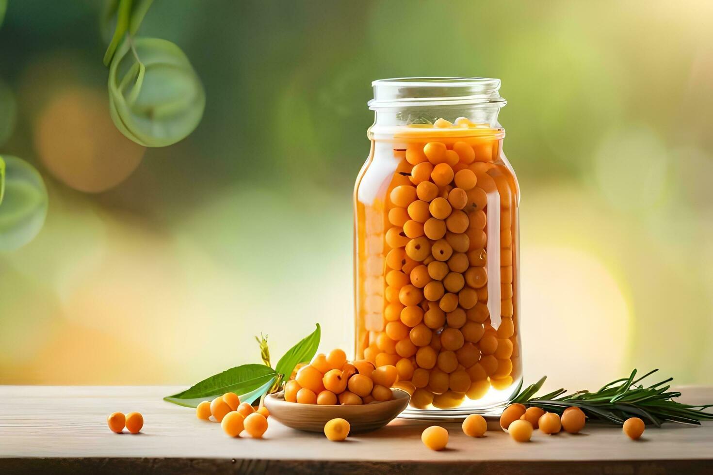 orange pea seeds in a jar on a wooden table. AI-Generated photo