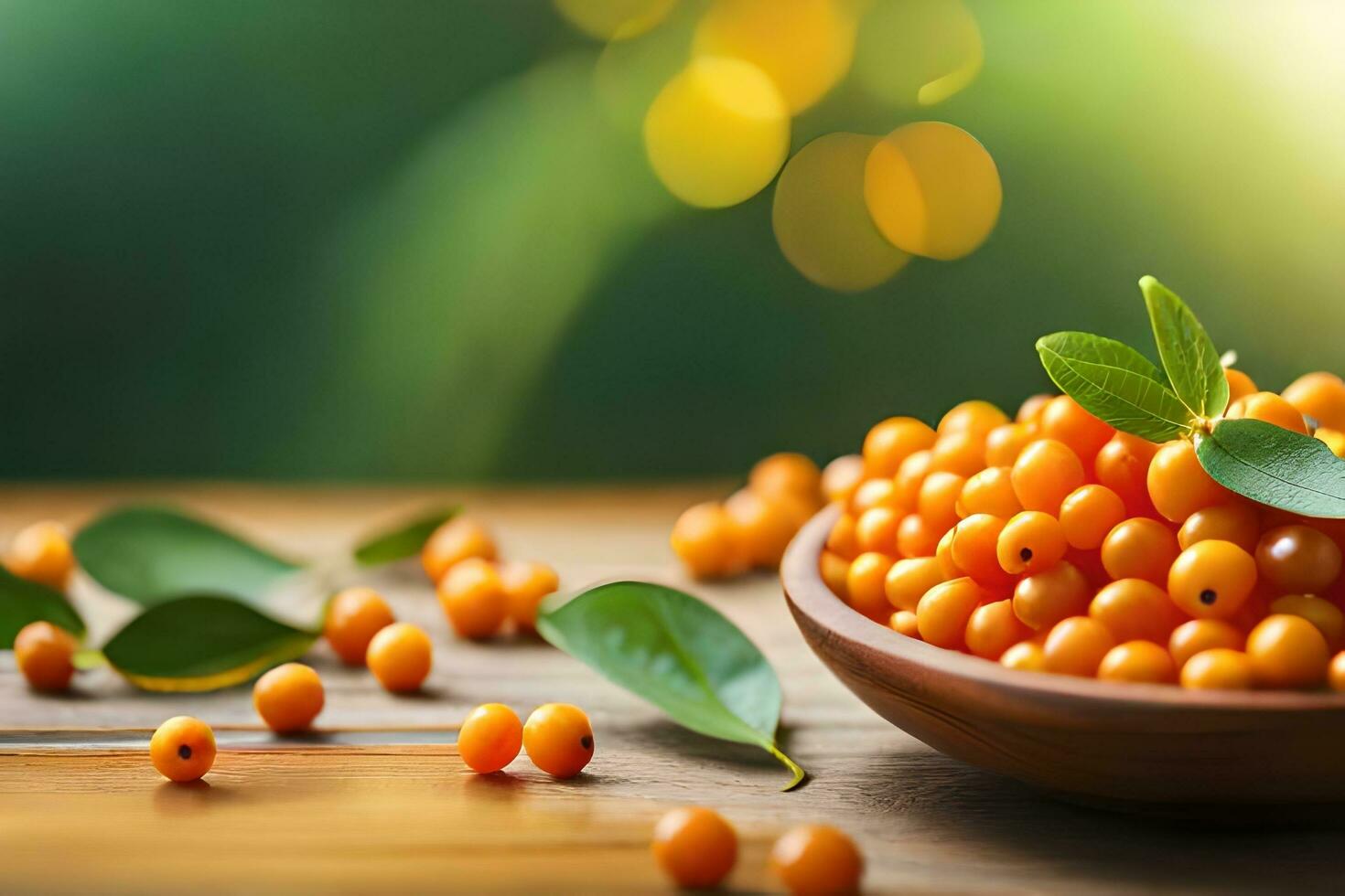 sea buckthorn berries in a wooden bowl on a table. AI-Generated photo