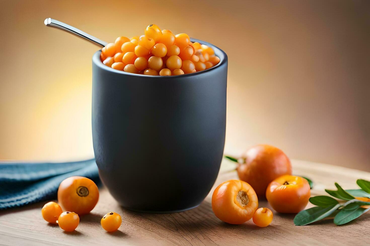 orange currants in a cup on a wooden table. AI-Generated photo