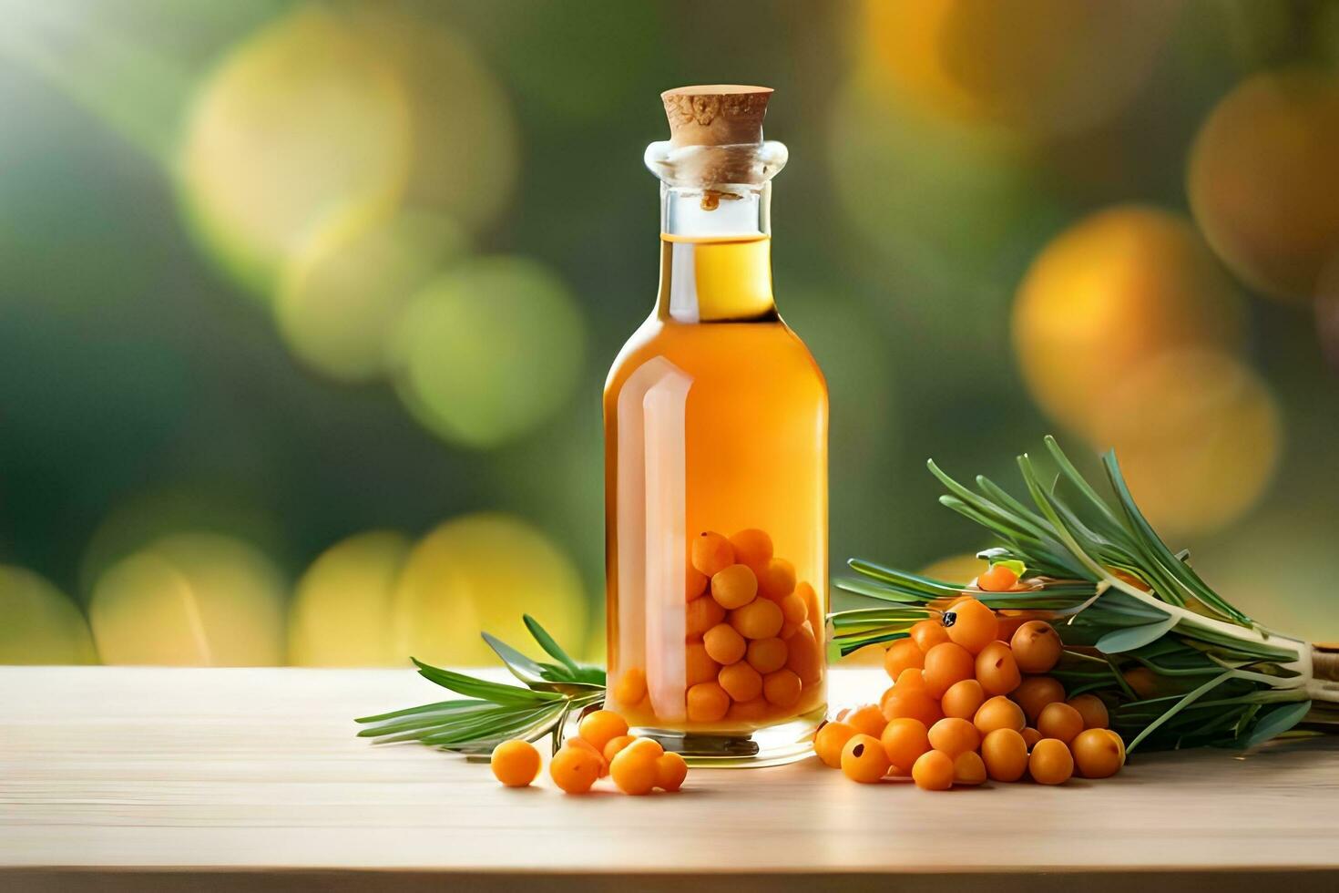 sea buckthorn oil in a bottle with sea buckthorn berries on a table. AI-Generated photo