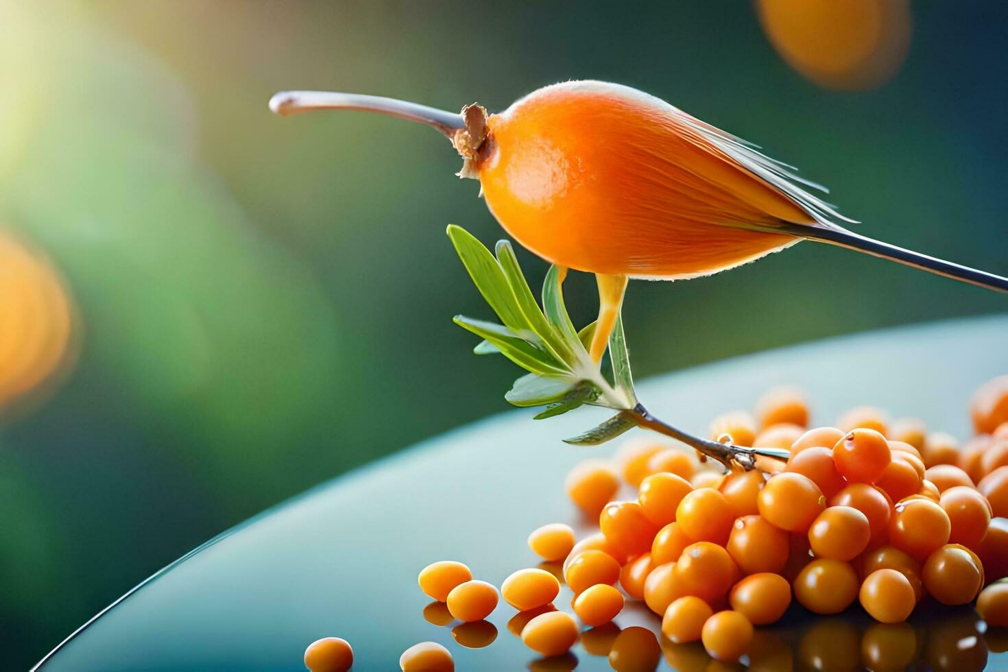 a bird is perched on top of a bowl of orange berries. AI-Generated photo
