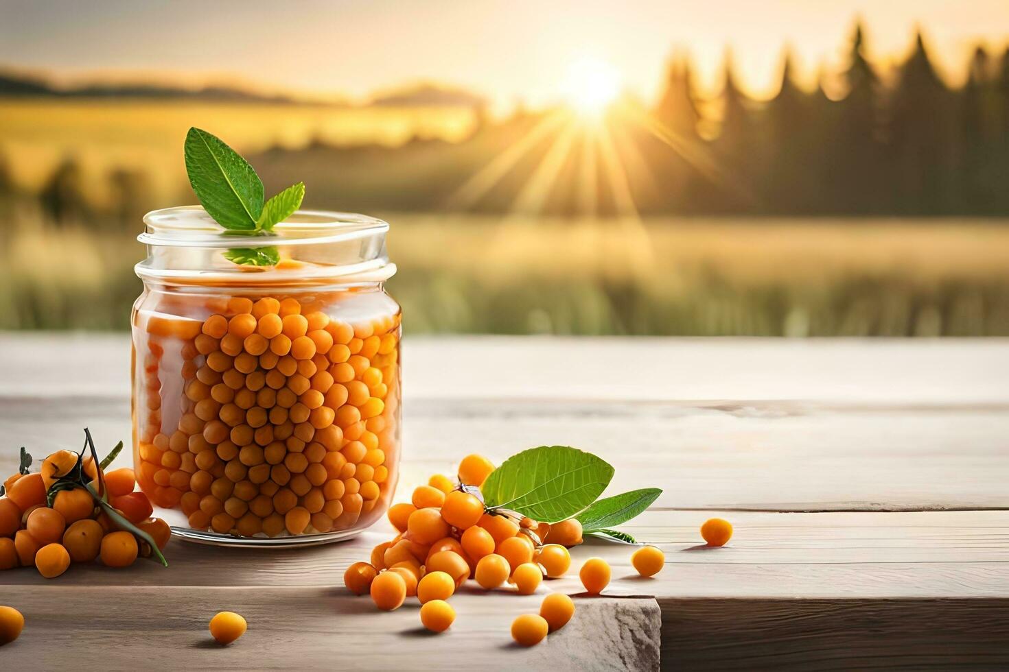 sea buckthorn berries in a jar on a wooden table. AI-Generated photo