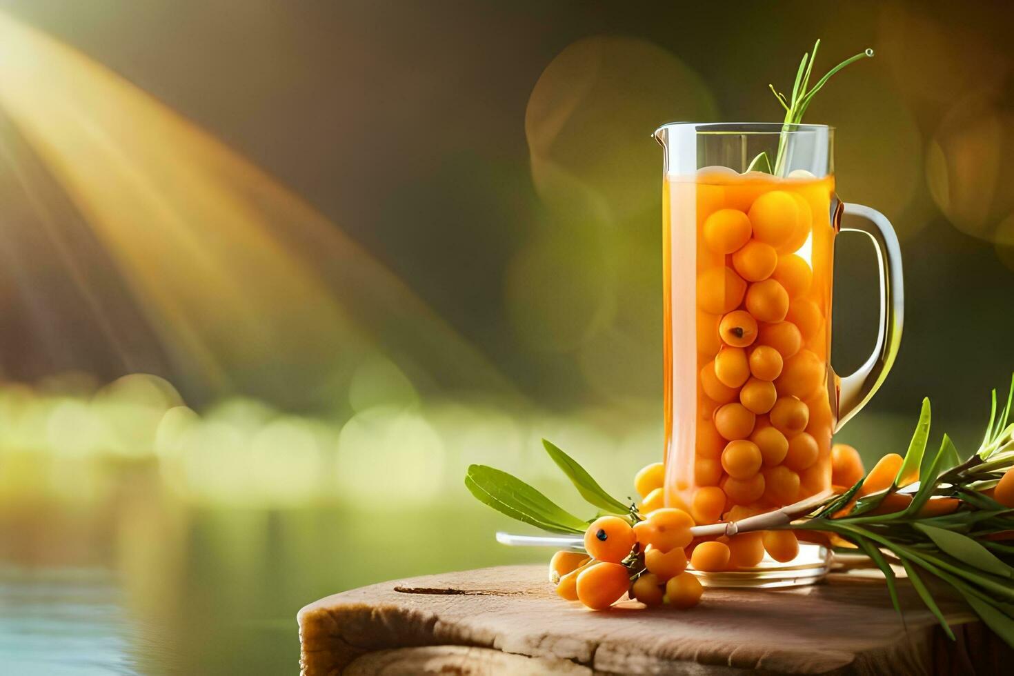 sea buckthorn juice in a glass jug on a wooden table with sunlight. AI-Generated photo
