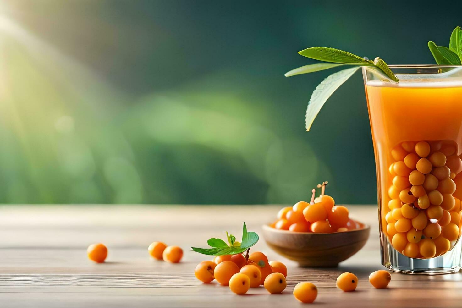 orange juice with sea buckthorn berries on a wooden table. AI-Generated photo