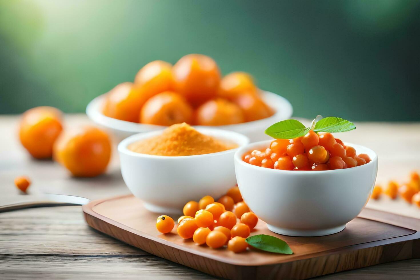 orange currants and currants in bowls on a wooden table. AI-Generated photo
