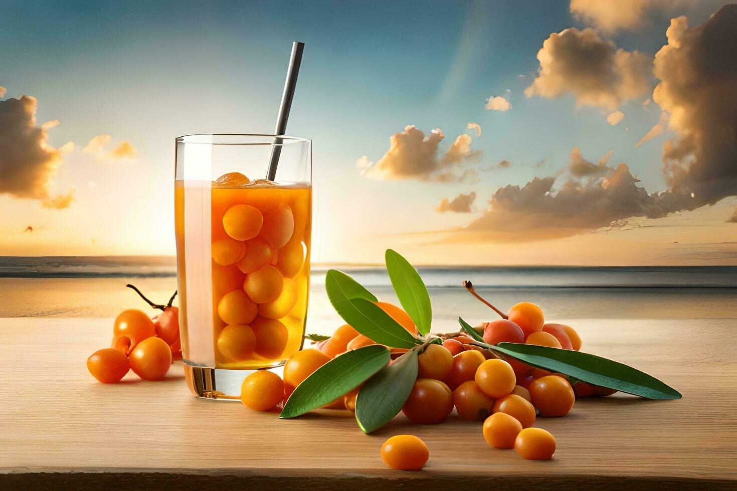 sea buckthorn juice with sea buckthorn berries on the table. AI-Generated photo