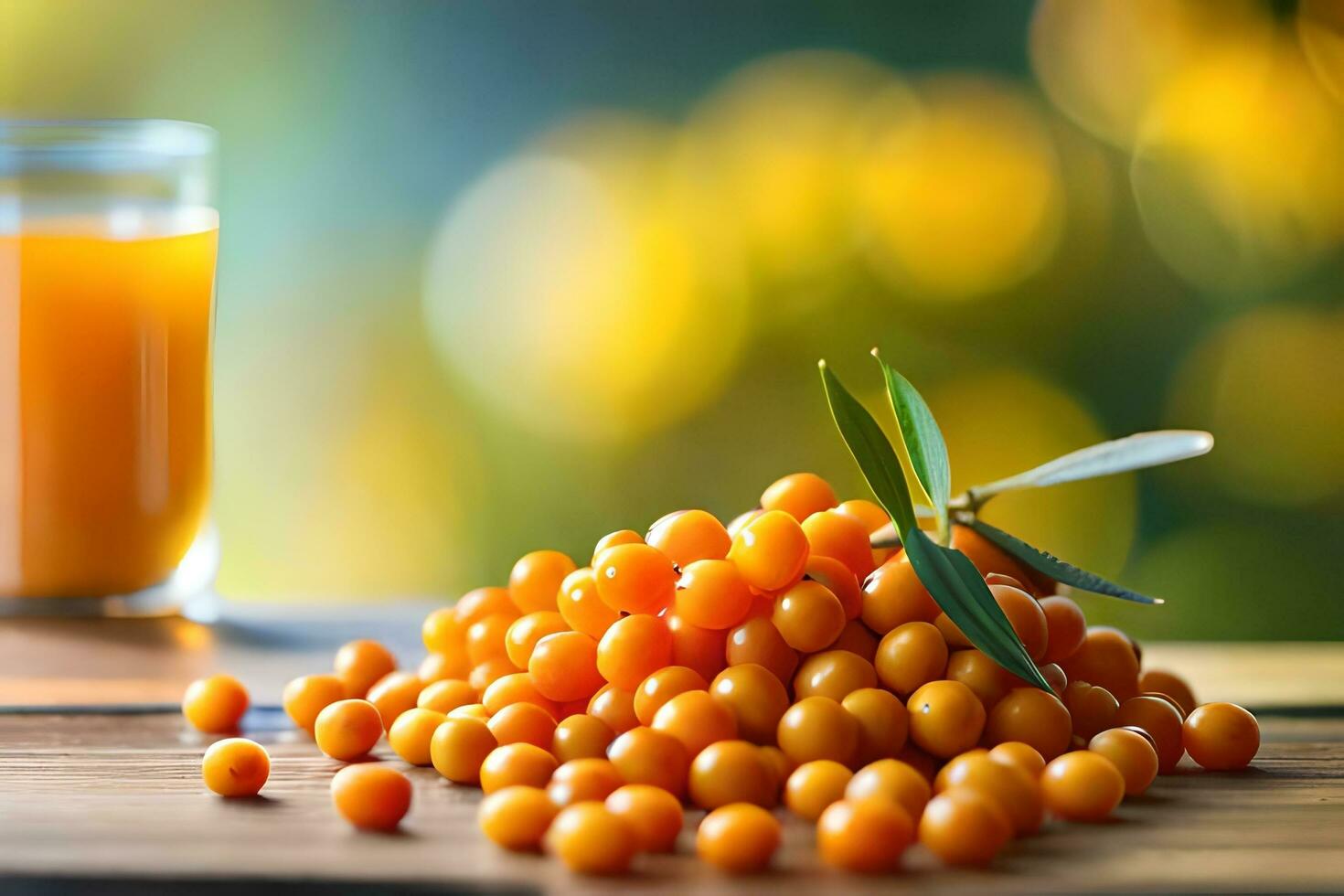 sea buckthorn berries on a wooden table with orange juice. AI-Generated photo