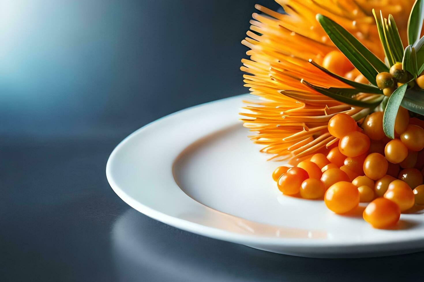 a plate with orange berries and a flower. AI-Generated photo