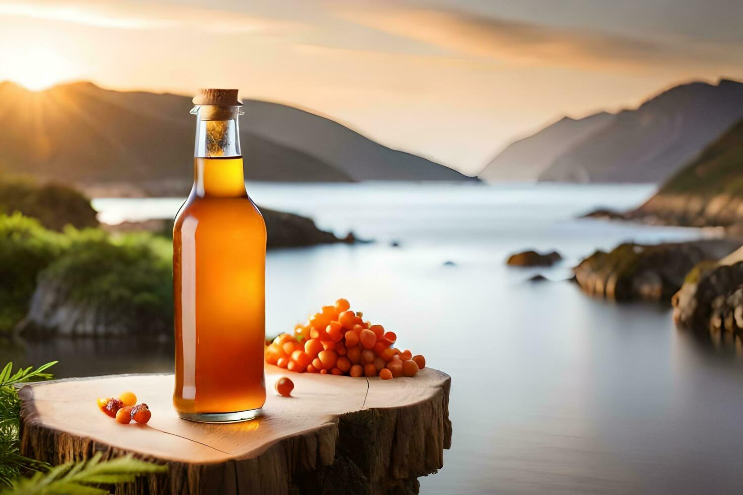 a bottle of wine and berries on a stump near the ocean. AI-Generated photo