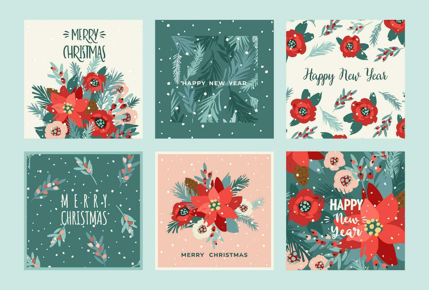 Navidad y contento nuevo año tarjetas con flores, Navidad árbol, sucursales, hojas, bayas, copos de nieve. de moda retro estilo. vector diseño plantillas.