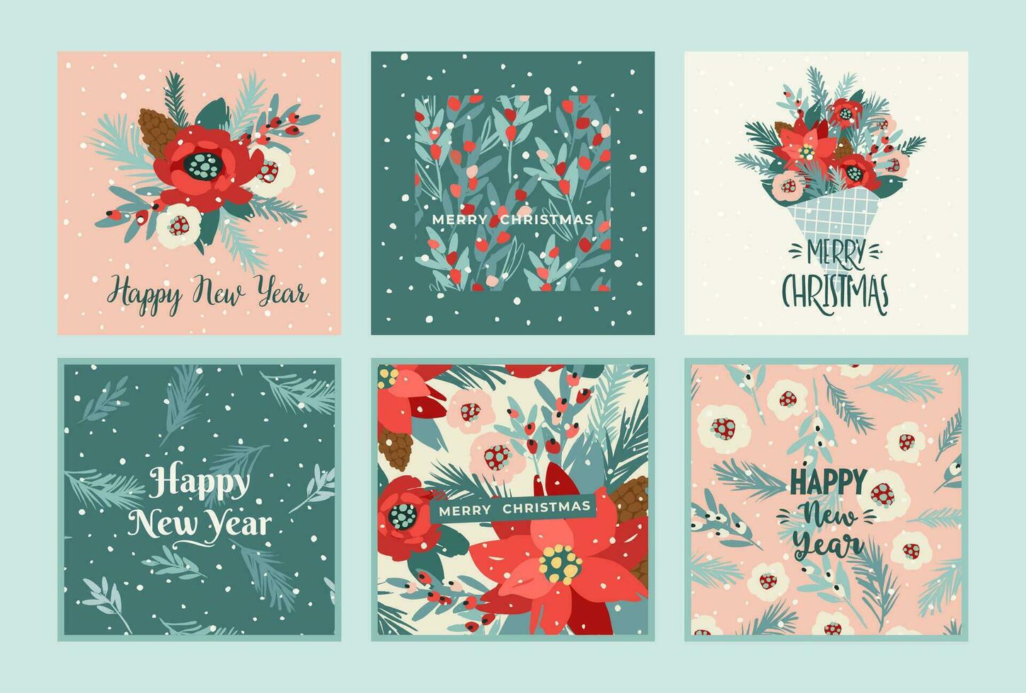 Navidad y contento nuevo año tarjetas con flores, Navidad árbol, sucursales, hojas, bayas, copos de nieve. de moda retro estilo. vector diseño plantillas.