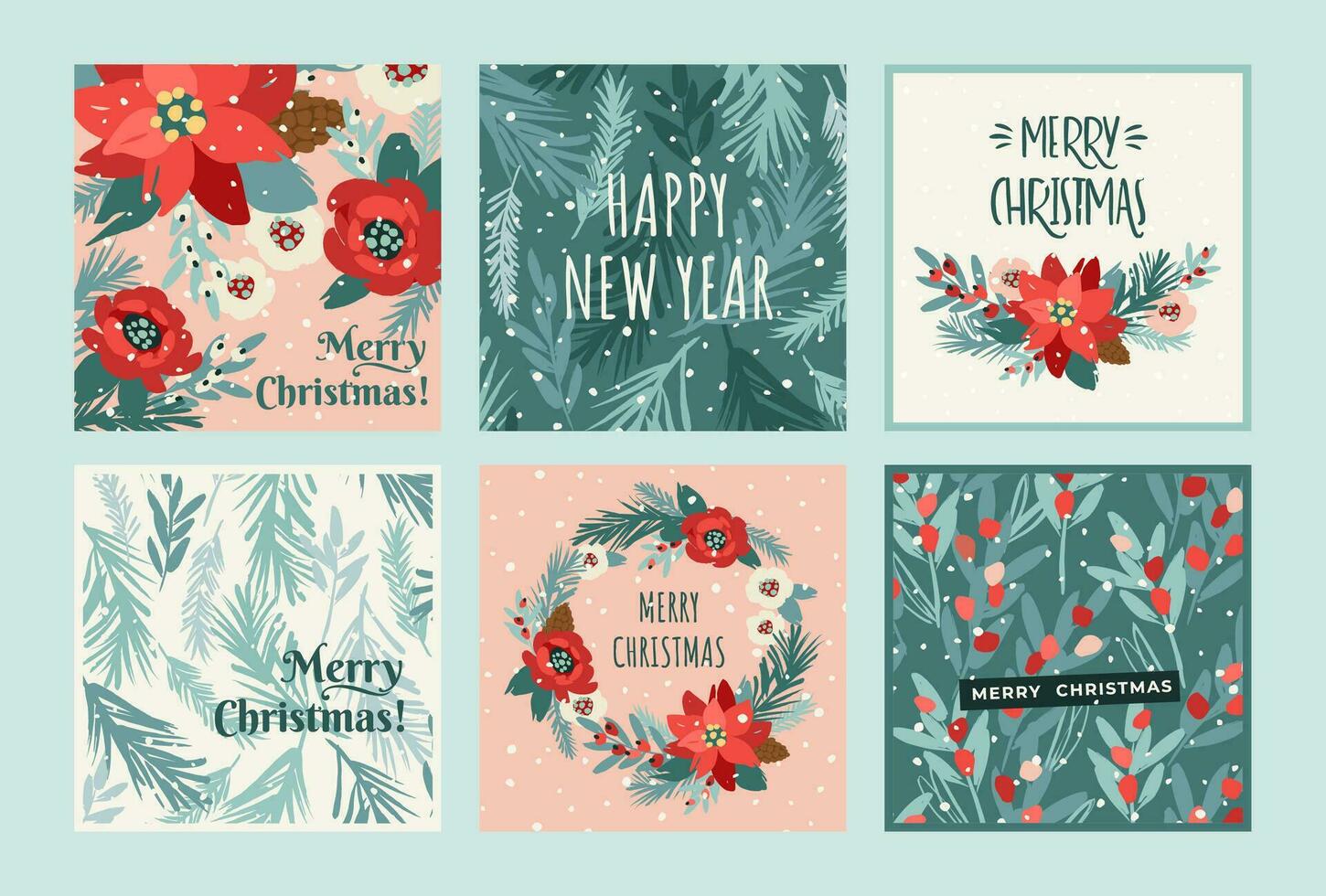 Navidad y contento nuevo año tarjetas con flores, Navidad árbol, sucursales, hojas, bayas, copos de nieve. de moda retro estilo. vector diseño plantillas.