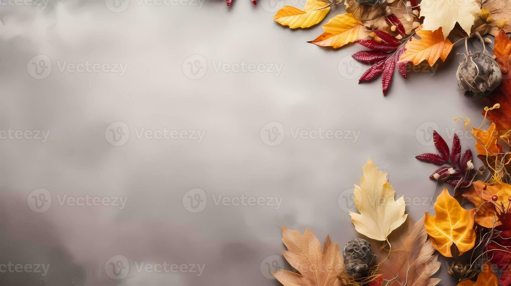 ai generado otoño temporada resumen antecedentes. otoño seco hojas y flores en Roca antecedentes. acción de gracias día, estacional concepto. Copiar espacio. foto