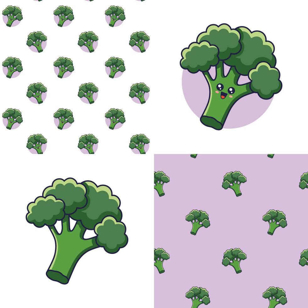 Set of Cute Kawaii Broccoli patterns. Food vegetable flat icon. Cartoon Broccoli seamless pattern, doodle style. Vector hand drawn illustration. Patterns for kids clothes. Broccoli patterns collection