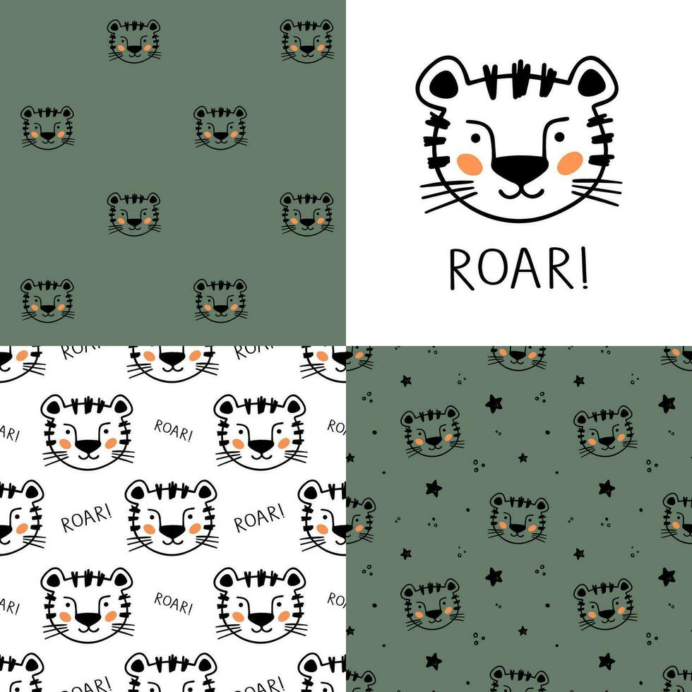 Set of Cute Little Tiger seamless patterns. Hand drawn Little Tiger in doodle style for designing baby clothes. Cartoon Bohemian nursery print. Kids design texture. Vector illustration.