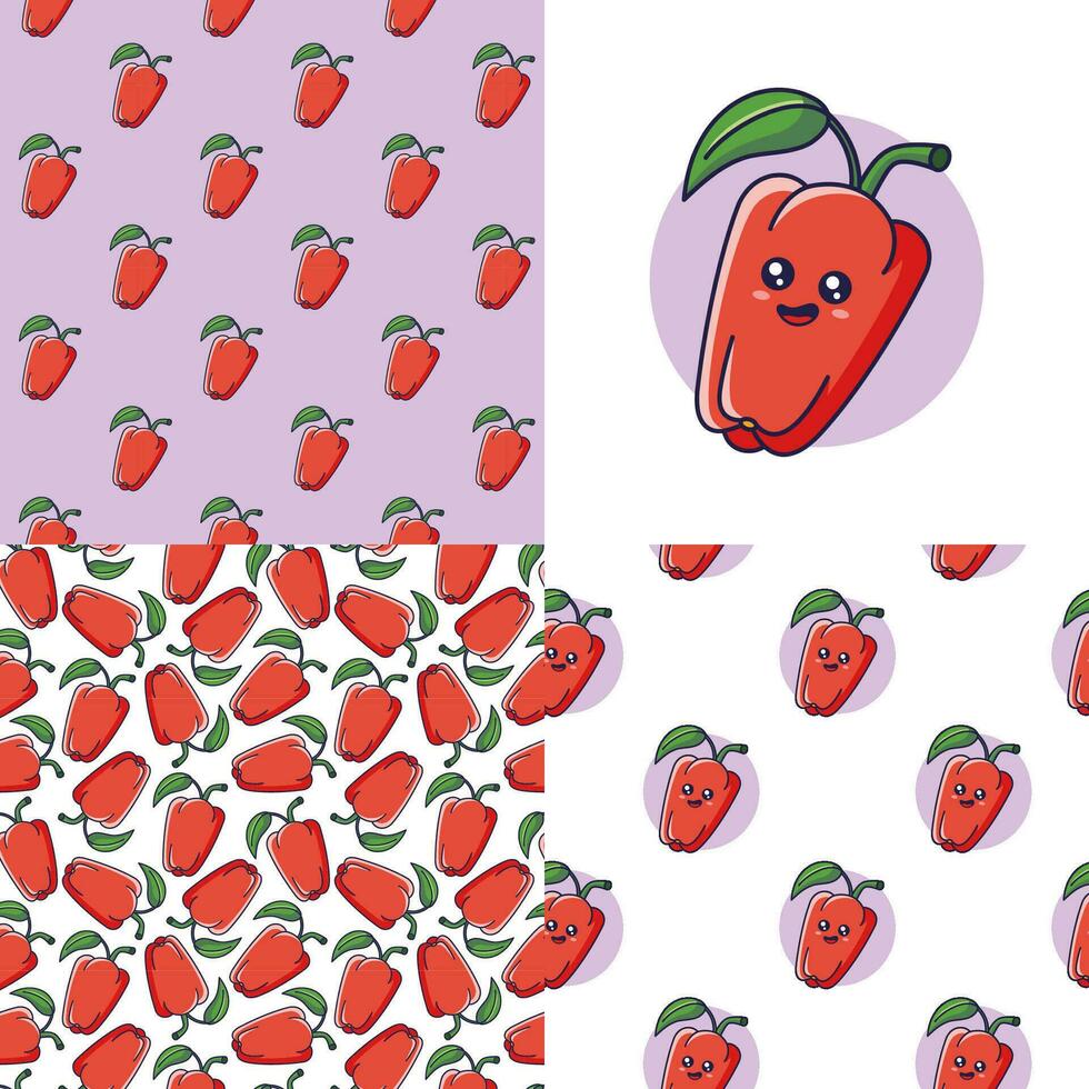 conjunto de linda kawaii campana pimienta patrones. comida vegetal plano icono. dibujos animados rojo campana pimienta sin costura patrones. vector mano dibujado ilustración. patrones para niños ropa. campana pimienta patrones colección