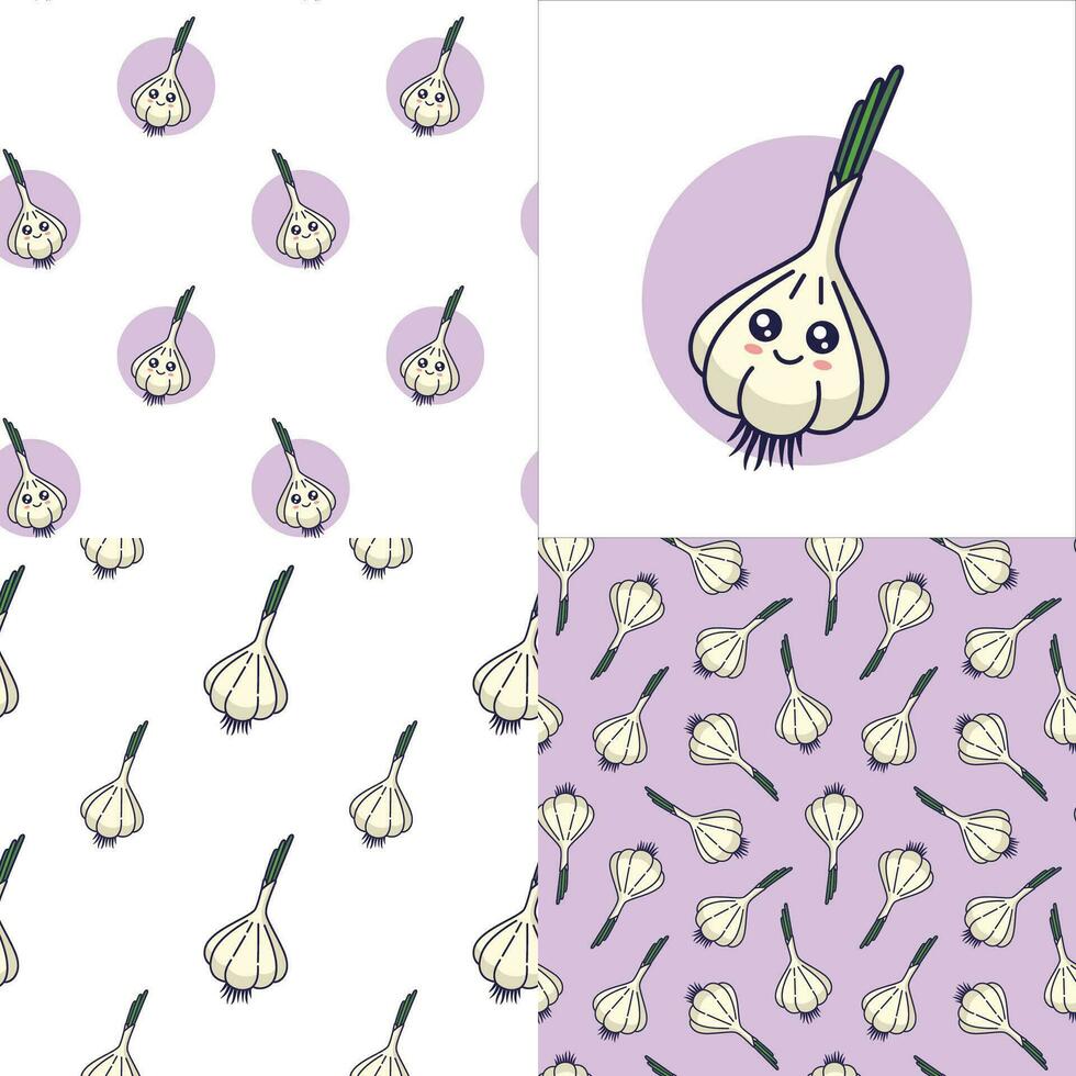 Set of Cute Kawaii garlic patterns. Food vegetable flat icon. Cartoon garlic seamless pattern, doodle style. Vector hand drawn illustration. Patterns for kids clothes. garlic patterns collection