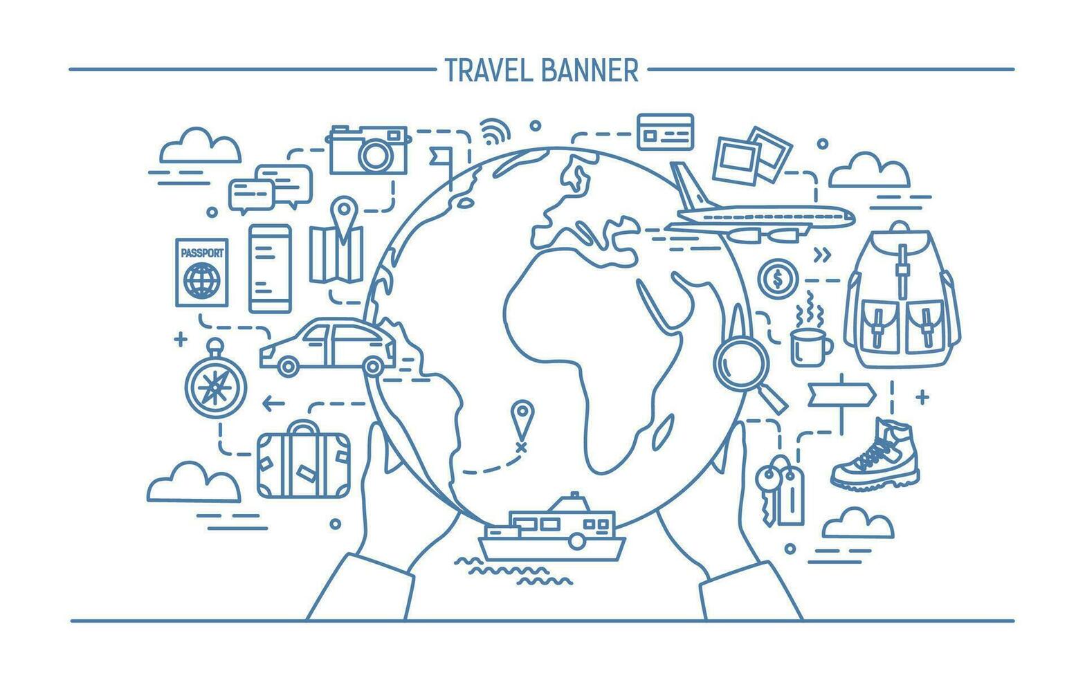 Concept of travel and tourism. Horizontal advertising banner with earth, globe, transport, things necessary traveler. Contour vector illustration in lineart style.