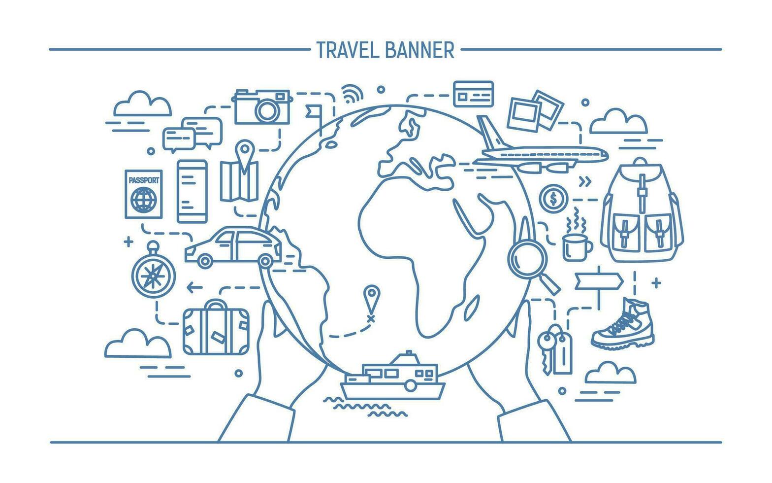 concepto de viaje y turismo. horizontal publicidad bandera con tierra, globo, transporte, cosas necesario viajero. contorno vector ilustración en arte lineal estilo.