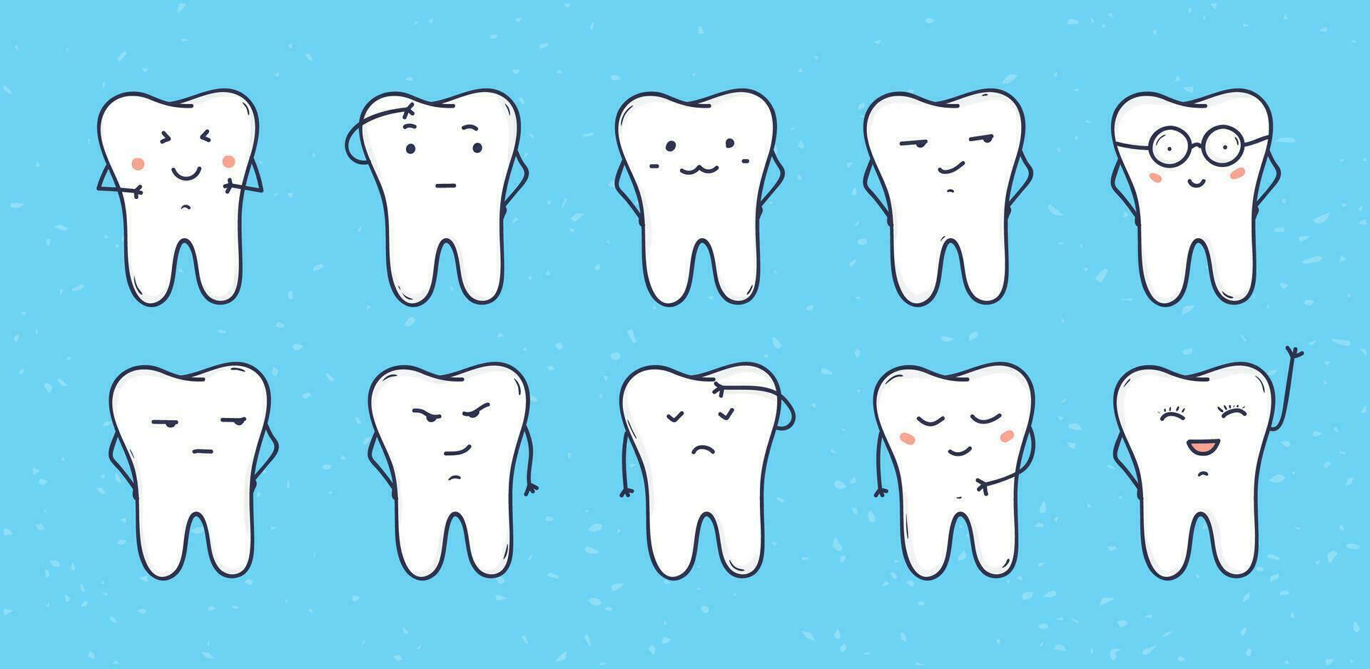 funny teeth icons, set of doodle cartoon characters. vector