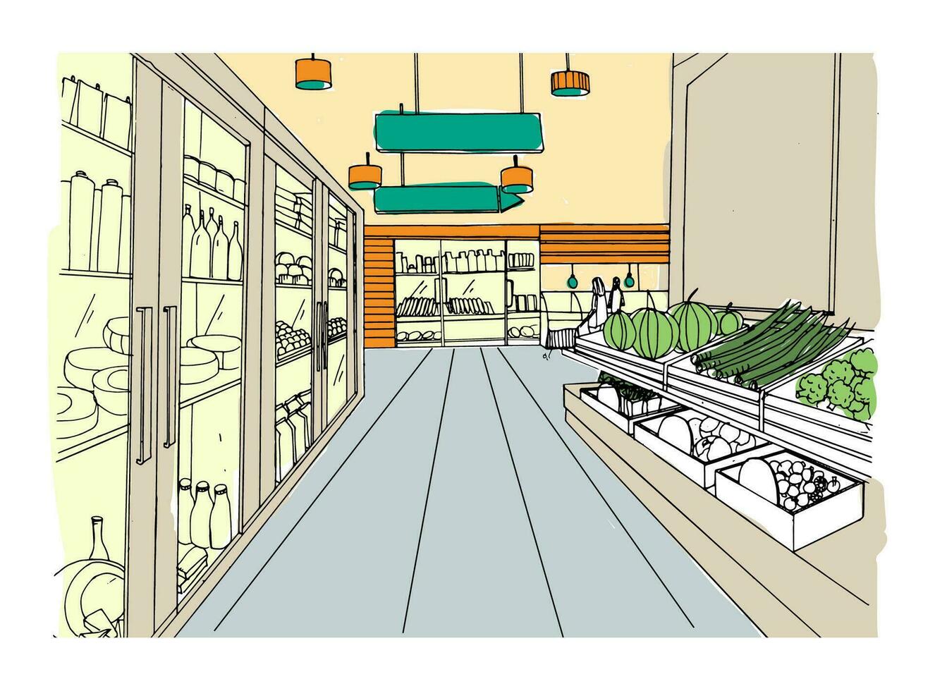 Supermarket interior hand drawn colorful illustration. Grocery store. vector