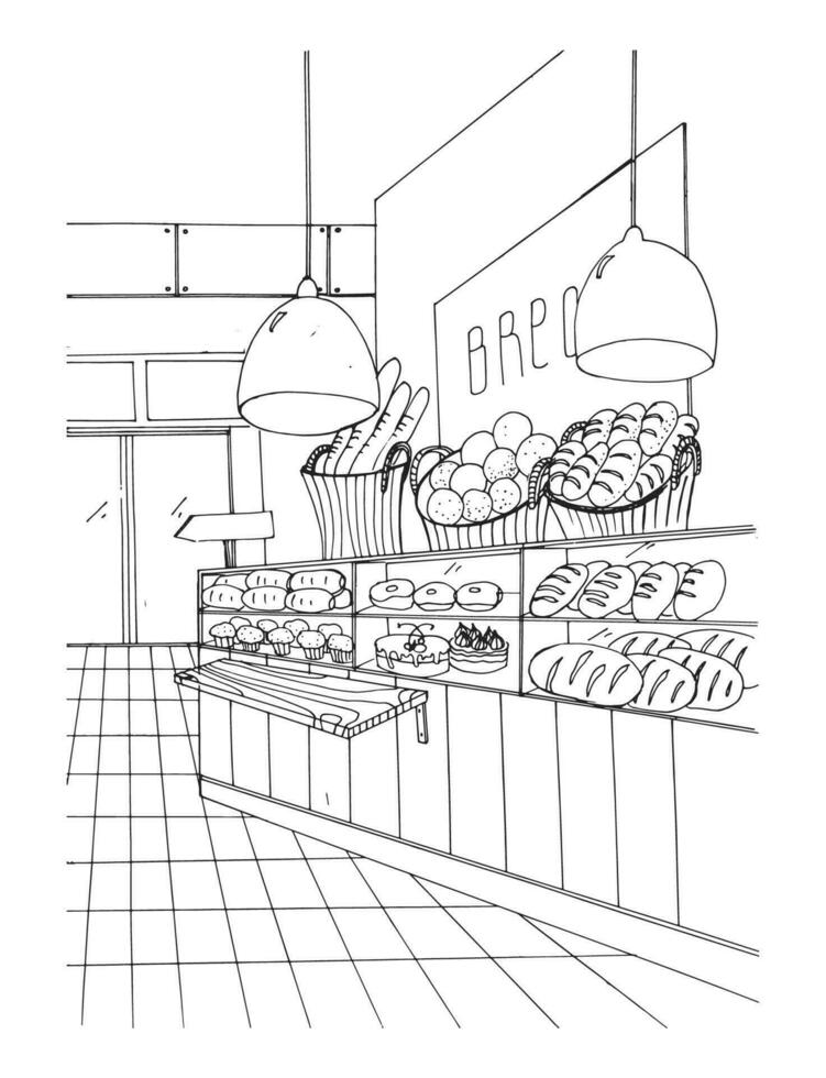 un pan Departamento mano dibujado negro y blanco ilustración, Tienda interior. vector
