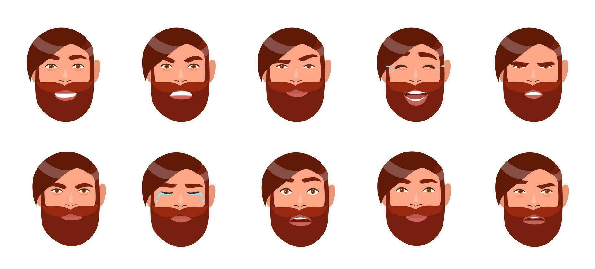 conjunto de del hombre emociones barbado chico rostro. dibujos animados personaje con diferente facial expresión recopilación. vistoso vector ilustración en plano estilo.