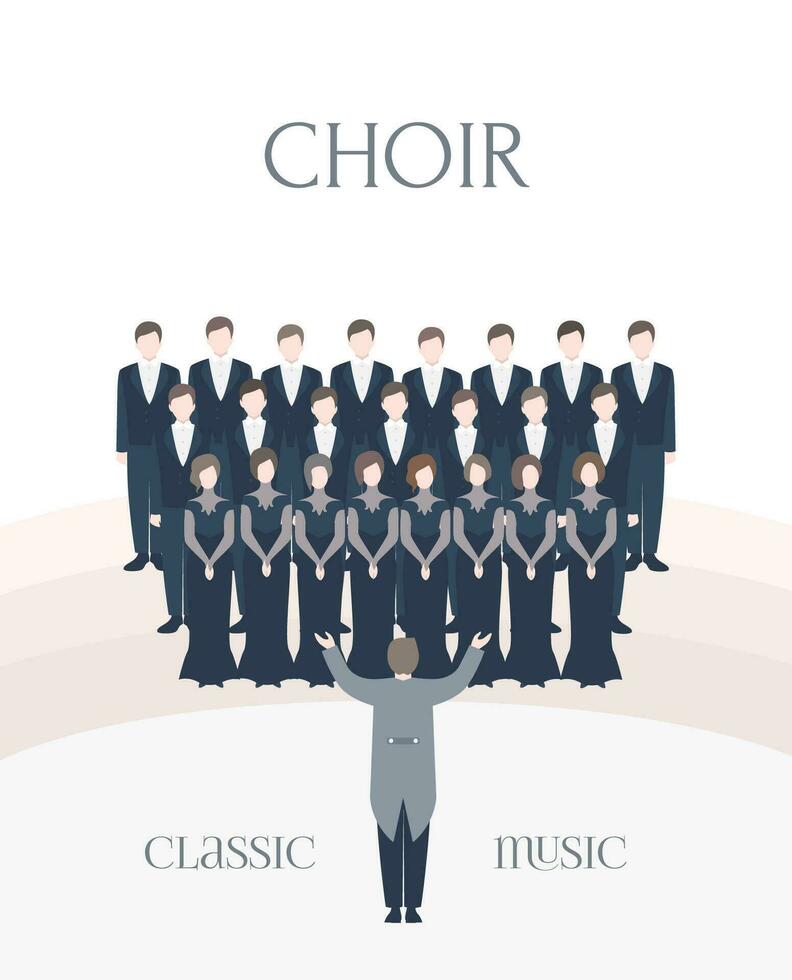 Vertical advertising poster of performance classical choir. Man and woman singers together with conductor. Colorful vector illustration in flat style with lettering.