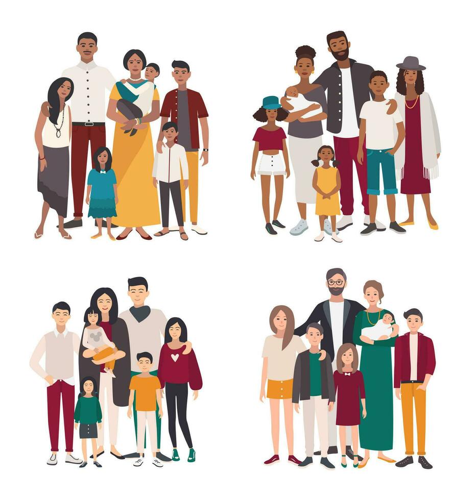 Set of large family portrait. Different nationalities, african, indian, european, asian mother, father and five children. Happy people with relatives. Colorful flat vector illustration.