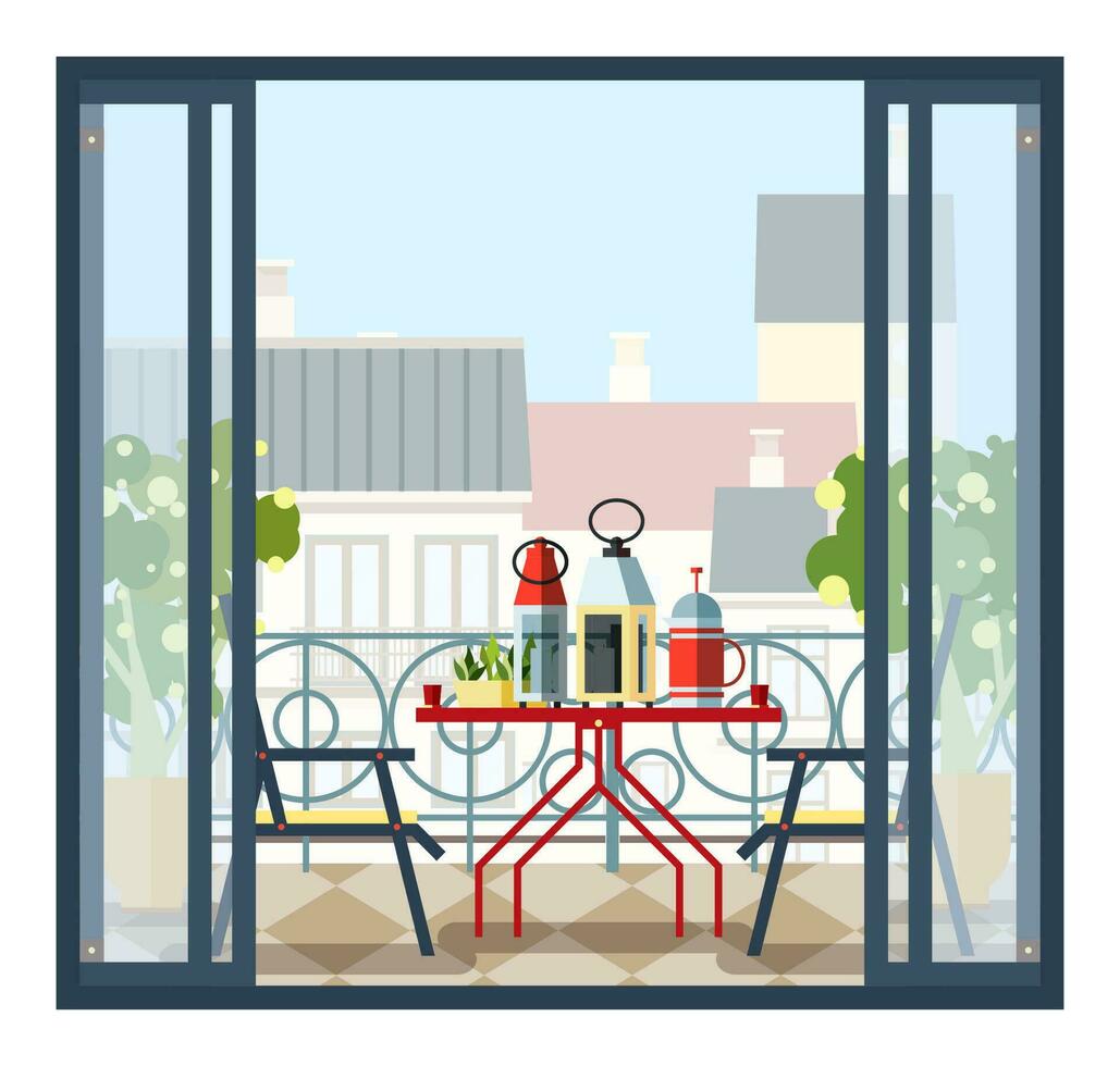 Interior of balcony, table and chairs, potted trees. Beautiful scenery, view of city from open door. Colorful vector illustration in flat style.
