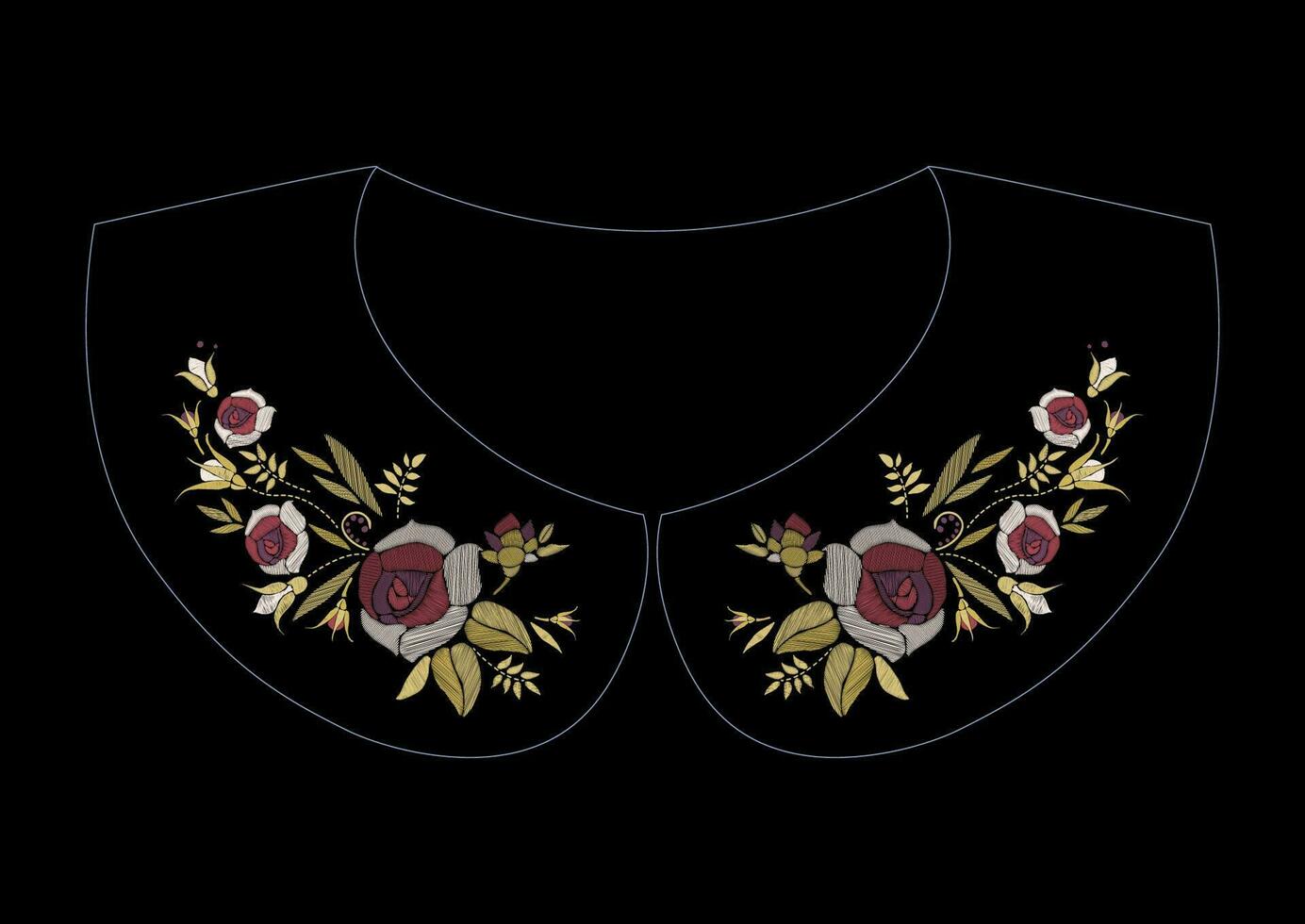 satín puntada bordado diseño con rosas. gente línea floral de moda modelo para vestir cuello. étnico Moda ornamento para cuello en negro antecedentes. vector