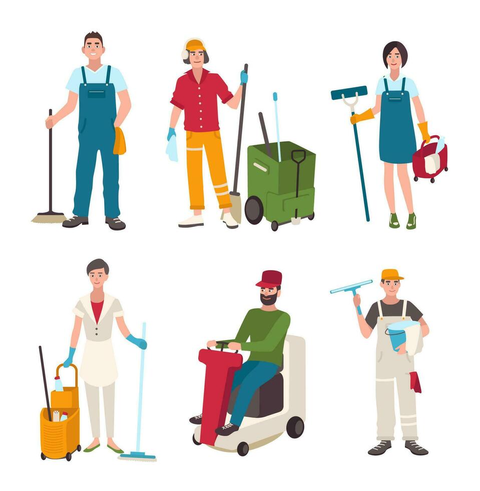 Different janitor set. People with cleaning equipment, window washer, cleaner, sweeper the floor. Man on the washing machine, woman with a broom. Vector illustration in flat style.