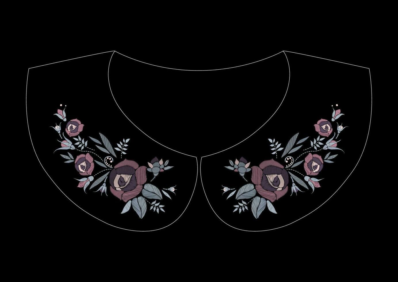 Satin stitch embroidery design with roses. Folk line floral trendy pattern for dress collar. Ethnic fashion ornament for neck on black background. vector