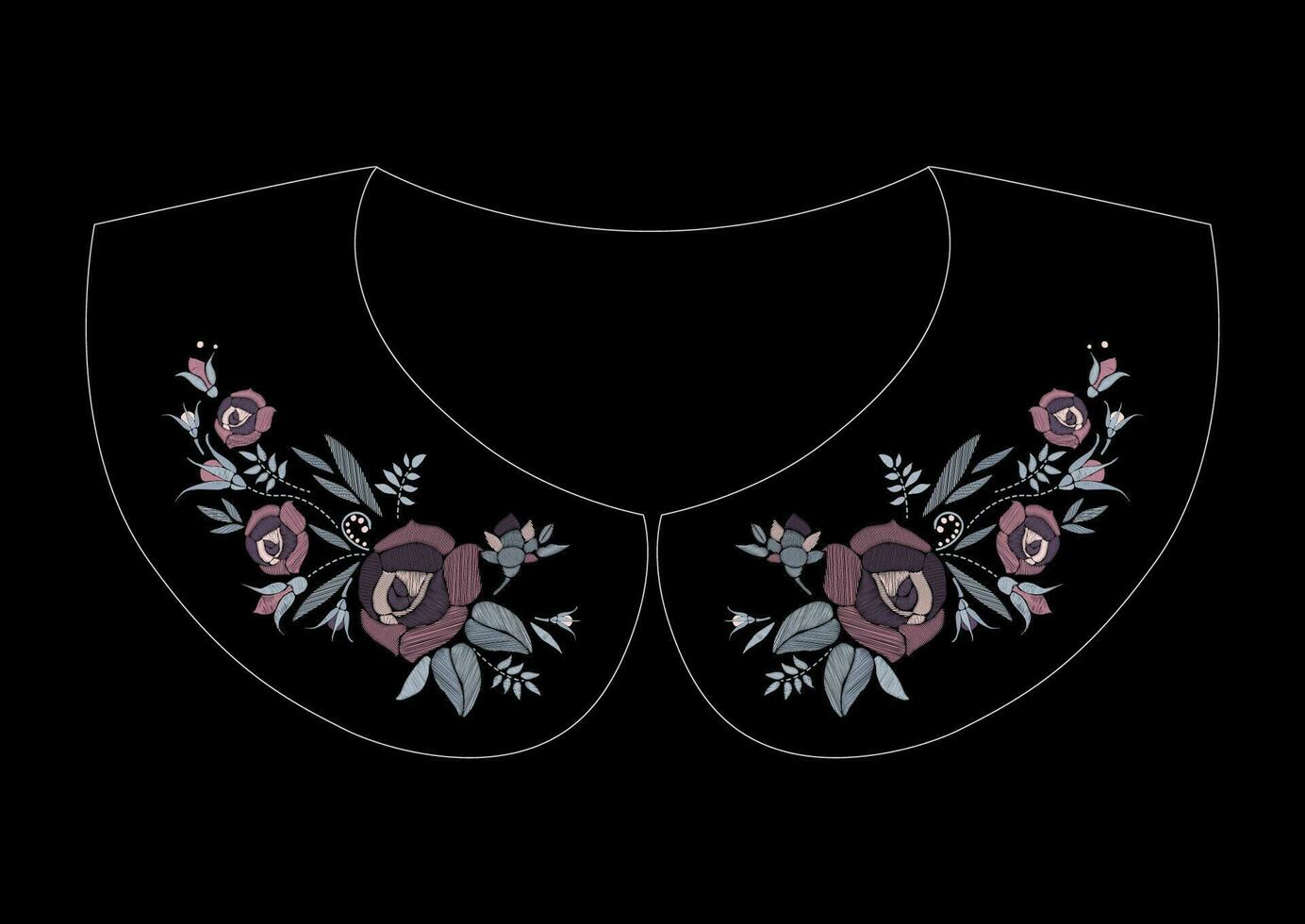 Satin stitch embroidery design with roses. Folk line floral trendy pattern for dress collar. Ethnic fashion ornament for neck on black background. vector