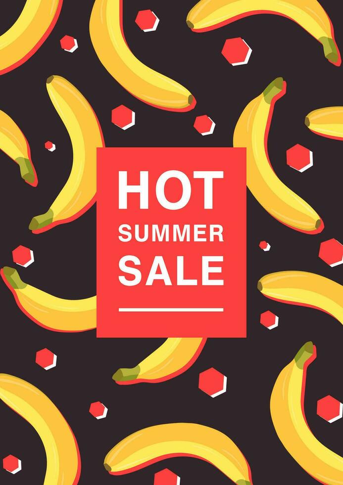 Vertical poster on hot summer sale theme. Bright promotional flyer with bananas, red polygons and inscription. Colorful advertising vector illustration on a dark background.
