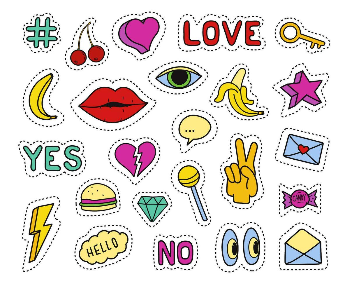 Set of fashion patches. Different badges and pins. Hearts, lips, cherry, banana, eye, key, lollipop, hashtags and diamond icons. Trendy vector pictograms in cartoon 80s-90s comic style.