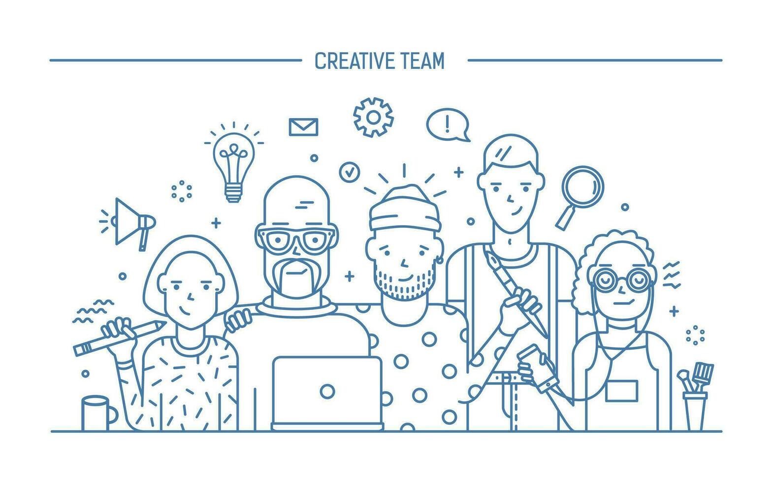 Creative business team concept. Banner with teamwork command. Young designers, girls and guys cv. Lineart flat illustration. vector
